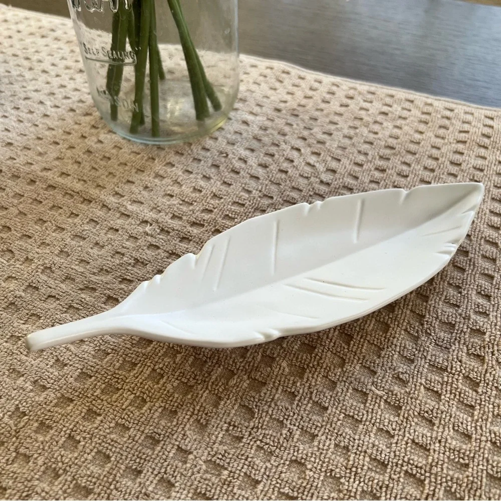 West Elm White Leaf Ceramic Decor Trinket Dish